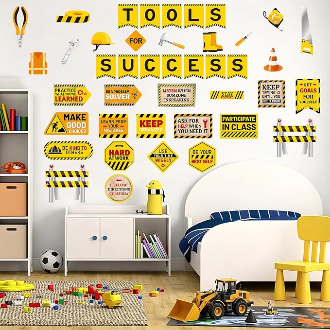 42Pcs Construction Bulletin Board Decorations Set, Tools for Success Classroom Bulletin Board Decor, Construction Theme Cutouts Decor for Classroom Office Back to School Birthday Party Wall Door