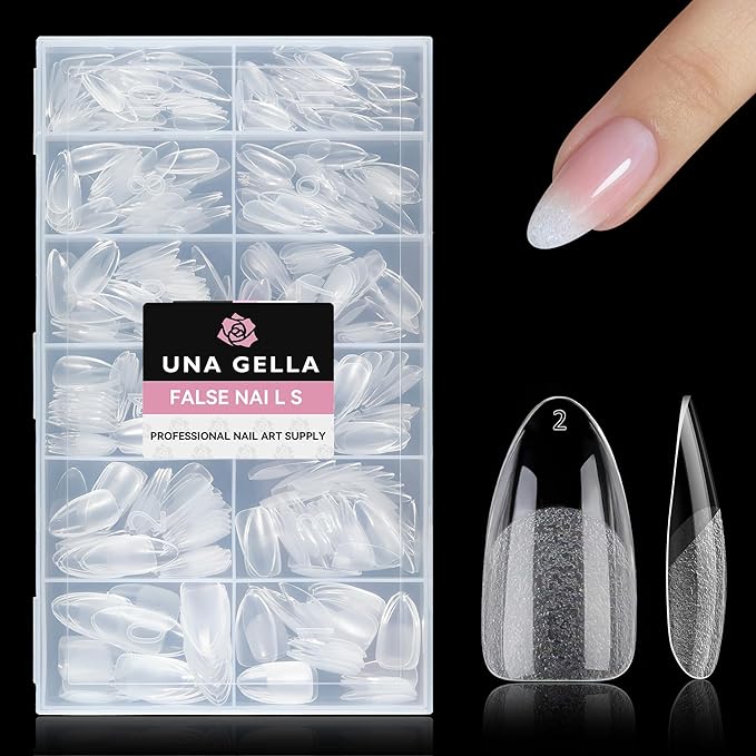 UNA GELLA 504Pcs Medium Pointed Almond Nail Tips Pre-shape Almond Gel Nails | Pre Etched Full Cover Acrylic Clear Press on Fake Nails Tips for Nail Extension Art DIY Salon 12 Sizes