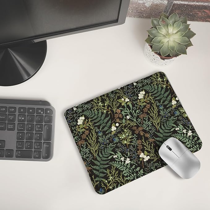 Dark Green Plant Mouse Pad,Vintage Green Fern Leaves Botanical Cottagecore Mouse Pads for Wireless Mouse Computers Laptop Desk Accessories, Plant Desk Accessories,9.5x7.9 Inch