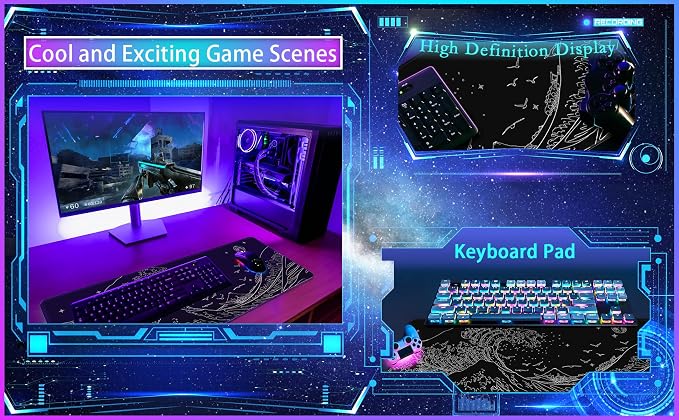 MEWOOCUE® Large Gaming Mouse Pad for Computer,Black Japanese Sea Wave Anime Mouse Mat,Long XXL Waterproof Keyboard Pads,Big Non-Slip Mouse Pads for Game Office Home(15.7 x 35.4 in)