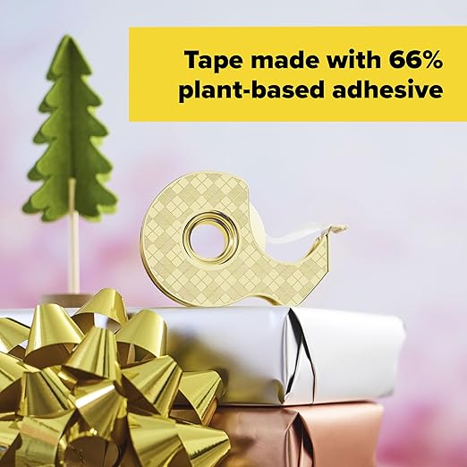 Scotch 100-Year Anniversary Limited Edition Gold Tape Dispenser with 2 Magic Tape Refills (3/4 in x 550 in Roll, 66% Plant-Based Adhesive), Refillable, Single Pack