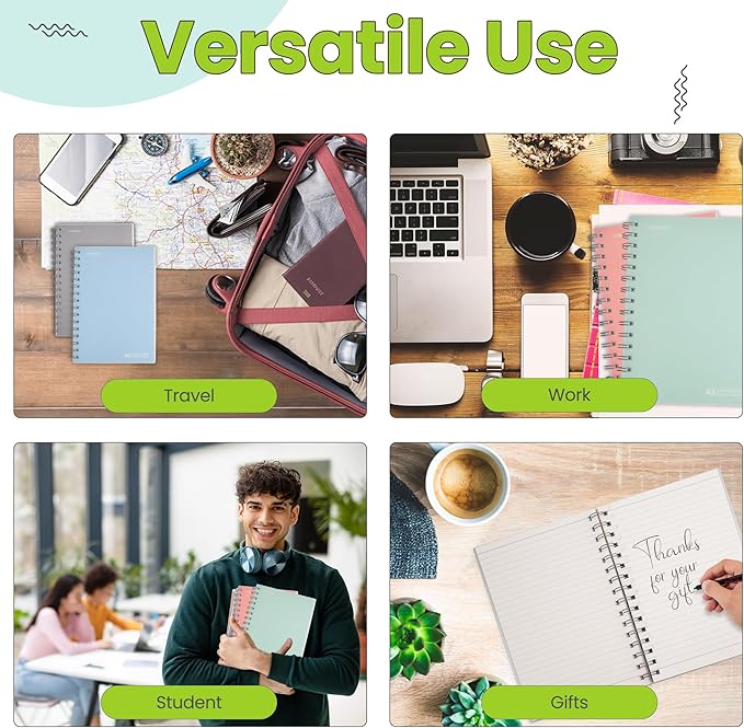 TWONE Spiral Notebook, 7"x10", 140 line Ruled Pages, Waterproof Frosted PP Cover, Green, Ideal for School, Office, and Personal Use