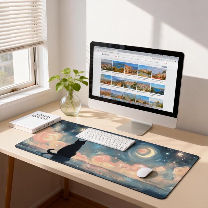 Cute Anime Black Cat Gaming Mouse Pad, Colorful Van Gogh Desk Mat with Anti-Slip Base & Stitched Edges, Computer Keyboard & Laptop Pad, 35.4" x 15.7" in in Workstation Accessories