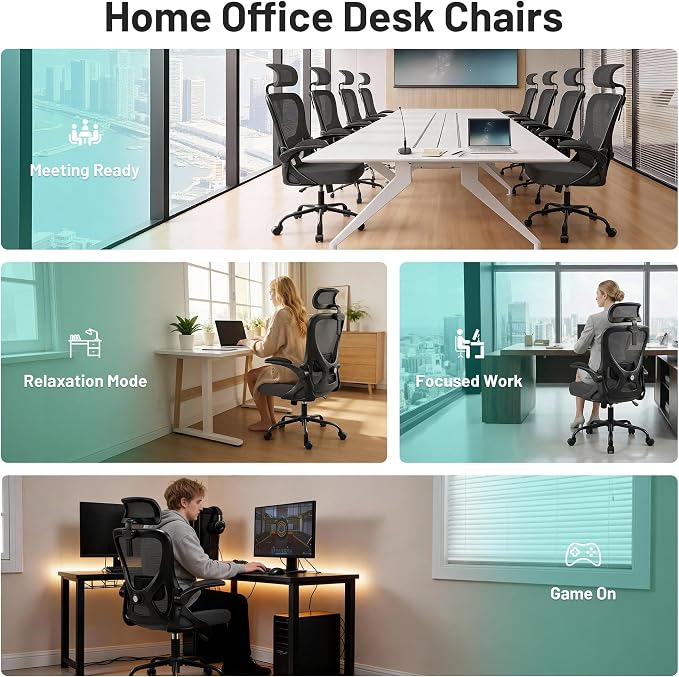 Office Chair - Ergonomic Desk Chair Breathable Mesh Chair with 2D Headrest & Adjustable Lumbar Support - Executive High Back Rolling Swivel Computer Gaming Chair with Wheels Flip-up Armrests