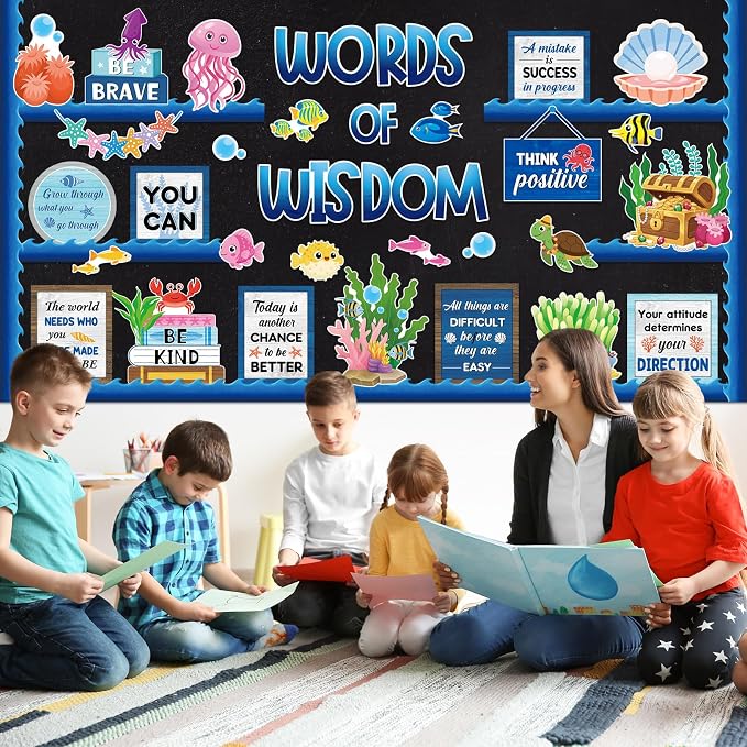 Mooliwe 57 Pcs Ocean Bulletin Board Set Marine Life Classroom Decor | Inspirational Quotes with Sea Creatures, Theme Wall Decor for Teachers School Office, Motivational Display Supplies