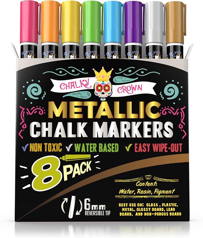 CHALKY CROWN Metallic Liquid Chalk Markers - Chalkboard Markers - 8 Pack,6mm