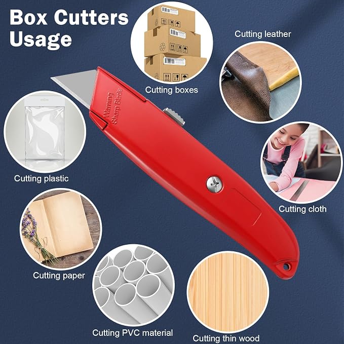 Lasnten 12 Pcs Box Cutter Bulk Retractable Utility Knife Heavy Duty Aluminum Alloy Carpet Knife Package Opener Cutter Blade for Cardboard Plastics Cartons DIY Home Warehouse Office(Red)