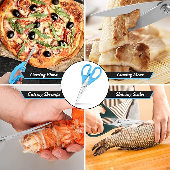 iBayam 2-Pack 8.5" Kitchen Shears, Heavy Duty, Cut Meat, Poultry, Herbs | Sharp Stainless Steel, Comfort-Grip Handles, Cuts Meat, Poultry, Herbs — 2-Pack, Dishwasher Safe, Built-In Bottle Opener