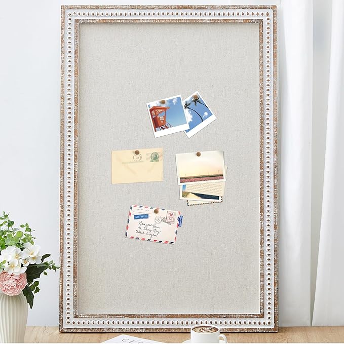 Vintage Framed Pin Board Linen Display Bulletin Board Large Ornate Fabric Picture Photo Pinboard Memo Decorative Prayer Pinboard Ornate for Wall Gift(Rectangle,24" X 36",Retro White)