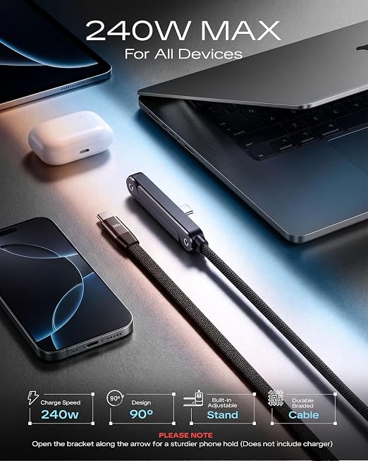 LOOHOI 240W Fast Charging USB-C to USB-C Cable with Built-in Phone Stand | 90° Fast Charging Invisible Stand Type-C Braided Charger Cable for Gaming, Streaming & Hands-Free Viewing (10FT, 1PCS)