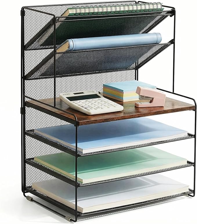 Desk Organizer, 6-Tier Paper Organizer Letter Tray, Brown Wood | Desk Organizers and Accessories, Office Desk Accessories & Workspace Organizers, Desktop File Organizer for Office Supplies