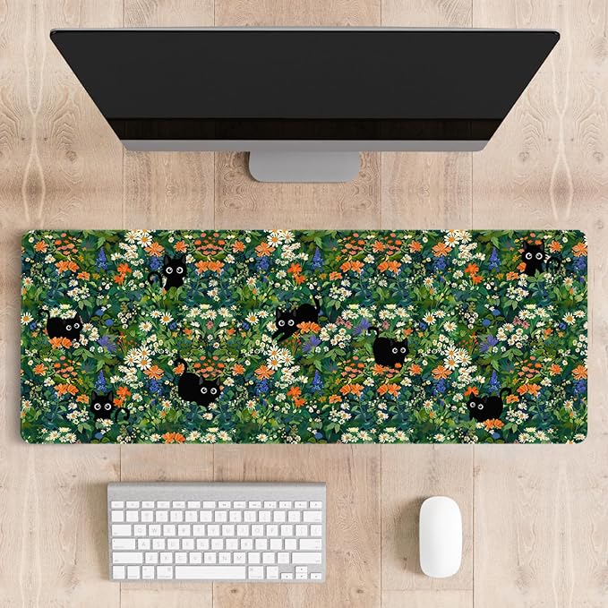 Mousepad Desk Mat Gaming Large Keyboard Cute Office Desktop Computer Laptop Cat Flawer XXL Long Giant Big Kawaii Aesthetic Girly Pretty Design Women Girl Gamer Oversized Wide 30x12'' Mousepad