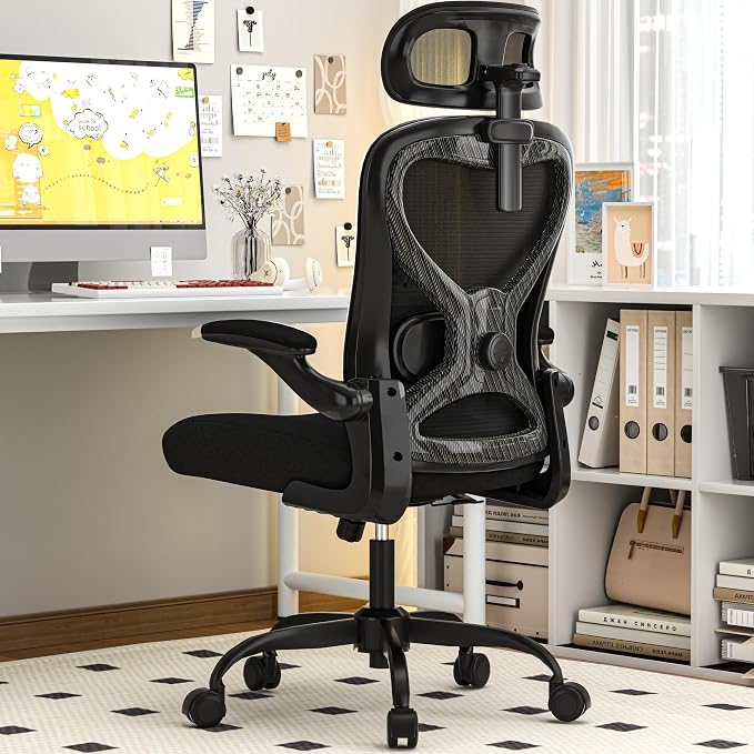 Home Office Desk Chairs, Ergonomic Office Chair with Lumbar Support & 3D Headrest, Computer Desk Chair with Flip-up Armrests, Perfect for Office or Study, Black/Carbon Fiber