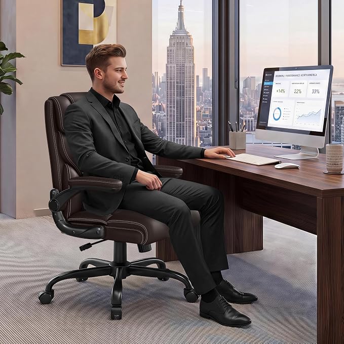 Office Chair, Executive Mid-Back Computer Desk Chair with Flip-up Armrests | 300 Lbs Ergonomic Leather Swivel PC Chair with Rock Function for Working Studying (Coffee)