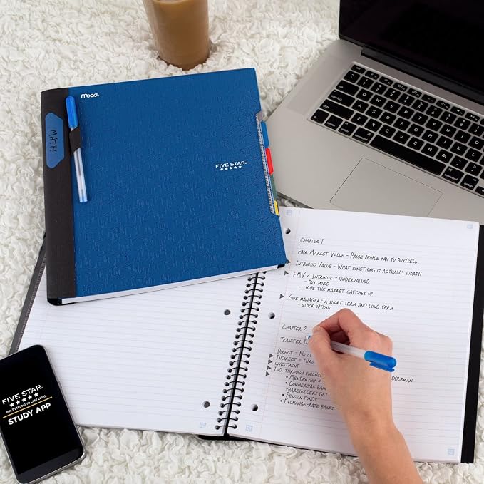 Five Star Advance Spiral Notebook + Study App, 5 Subject, College Ruled Paper, 8-1/2" x 11", 200 Sheets, Spiral Guard, Movable Tabbed Dividers, Pacific Blue (73150)