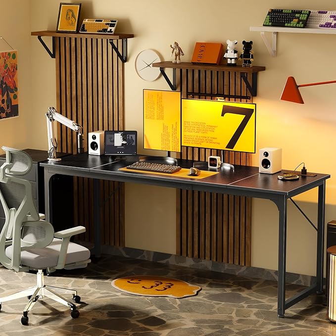 70 X 24 Inch Computer Desk, Power Outlets, USB-C, Black | Office Desk with 4 AC Outlets, USB & USB-C, Sturdy Metal Frame, Spacious Desktop for Work, Writing, Study & Gaming