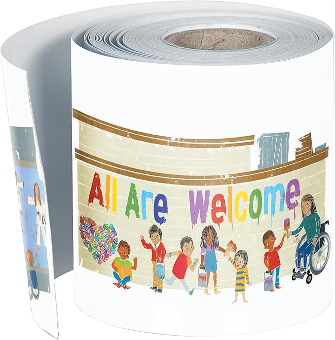 Carson Dellosa All are Welcome 65Ft Celebrate Diversity Bulletin Board Borders, 1 Roll of All are Neighbors Trim for Rolling Whiteboard, Cork and Posterboard, Office Decorations, and Classroom Decor
