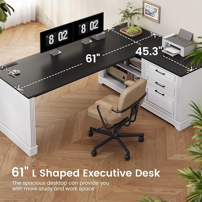 SEDETA Farmhouse 61" Executive L Shaped Desk with Drawers for Home Office | Home Office Desk with File Drawers,Executive Office Desk with Power Outlets,Computer Desk with Storage,White