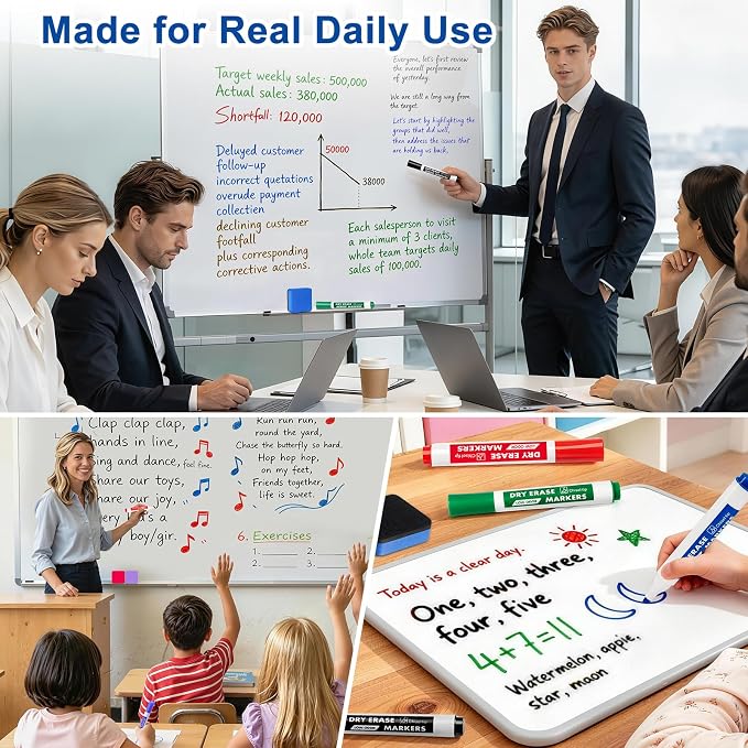 Dry Erase Markers with Eraser, 36 Count Chisel Tip Whiteboard Markers | 4 Assorted Colors, Low Odor, Non-Toxic, Quick-Dry Ink, for Office, Classroom, Back-to-School Supply