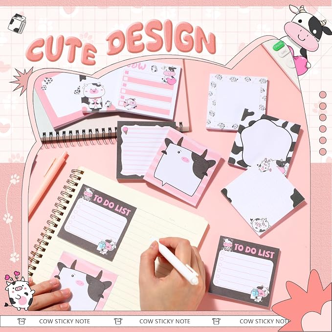9 Pads Cow Sticky Notes, 3x3 Inch Cute Stick Notepads | Adhesive Memo Notes Pad, Coworker Gifts, Office Supplies Decor, Desk Accessories for Students, Teacher, Meeting