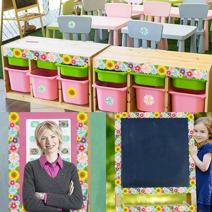 Spring Bulletin Board Borders Daisy Flower Border Trim Classroom Bulletin Board Decoration Spring Floral Paper Cutouts for Classroom School Wall Home Decor, 68.9 Ft