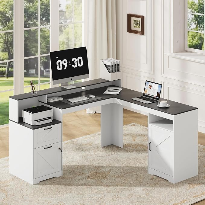 MALOL 63" Farmhouse L Shaped Executive Desk, Corner Computer Desk with Drawers & Storage Shelf, Home Office Desk with Power Outlet, Monitor Stand, Wood Grain Desktop, White & Black