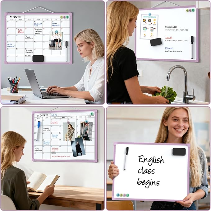 MaxGear Monthly Calendar Dry Erase Board for Wall, 16"x12", Purple Frame | Double-Sided, Hanging Small White Board, Portable Whiteboard for Planning, Drawing, Memo, to Do List, Home, Kitchen, Office