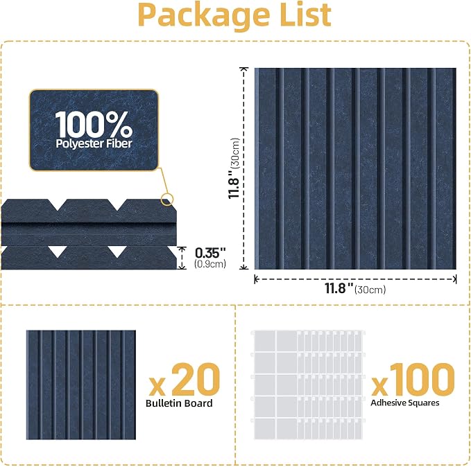 Large Cork Board for Walls 20 Pack Bulletin Board with 100 Adhesive Tabs | 48" x 60" Alternative CorkBoard for Pictures Photos, Felt Push Pin Boards Tiles for Office Classroom Wall Decor - Blue