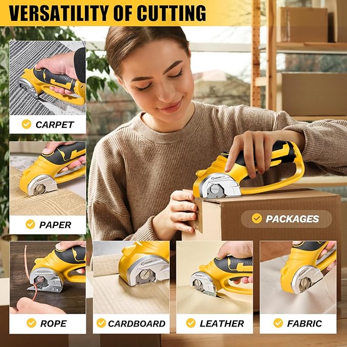 Cordless Electric Scissors, 4V Cardboard Cutter, Box Cutter - 2 Blades, 1 Storage Bag, Safety Lock & LED Light, Rechargeable Power Rotary Cutter for Box Carpet Fabric Plastic Leather