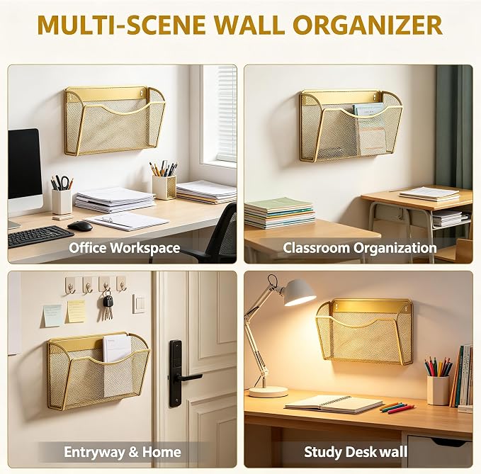 Gawerk Mesh Hanging Wall File Holders, Metal Vertical Wall Basket Mail Organizer for Office/Home (Gold, 3 Pack Wall Mounted)
