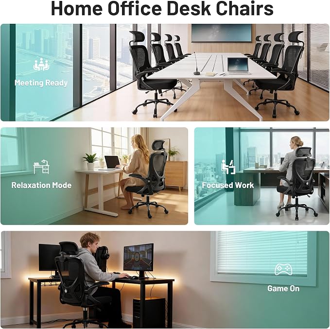 Office Chair - Ergonomic Desk Chair Breathable Mesh Chair with 2D Headrest & Adjustable Lumbar Support - Executive High Back Rolling Swivel Computer Gaming Chair with Wheels Flip-up Armrests