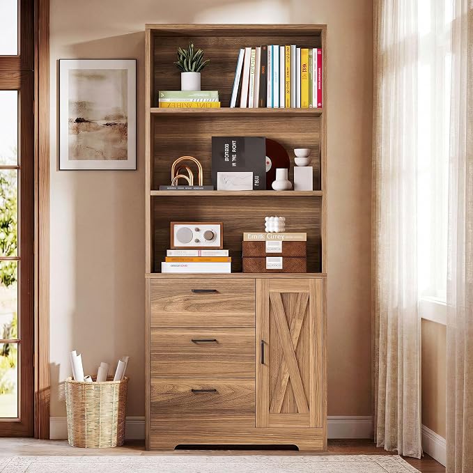 IRONCK 71 in Bookshelf with Doors and Drawers, Industrial Tall Bookcase | Engineered wood with 3-tier shelves, 3 drawers, enclosed storage, anti-tip hardware, 132 lb maximum capacity, for home office