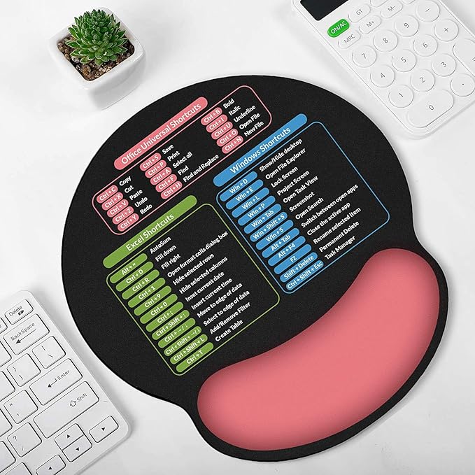 Ergonomic Mouse Pad with Wrist Rest, Small Excel Cheat Sheet Desk Pad with Windows & Office & Excel Shortcuts, Non-Slip Rubber Base Mouse Pads for Desk with Smooth Surface, Black Pink