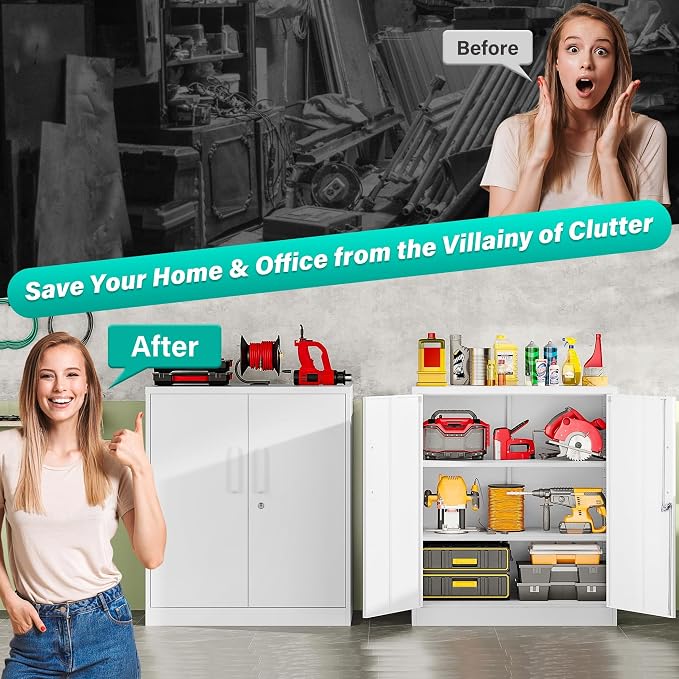 36 inch Storage Cabinet with Doors and Shelves,White Metal Storage Cabinet,Small Locking Metal Cabinets,Short Steel Counter Cabinets with Lock for Garage Home Office Pantry