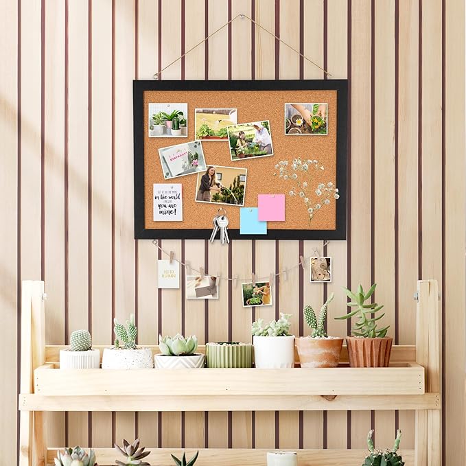 DOLLAR BOSS Double-Sided Black Cork Board, 16"x12" Bulletin Board | Corkboards for Walls, Small Pin Board, Wood Framed, Decorative Hanging, For Home Kitchen Office, 10 Pushpins 10 Clips