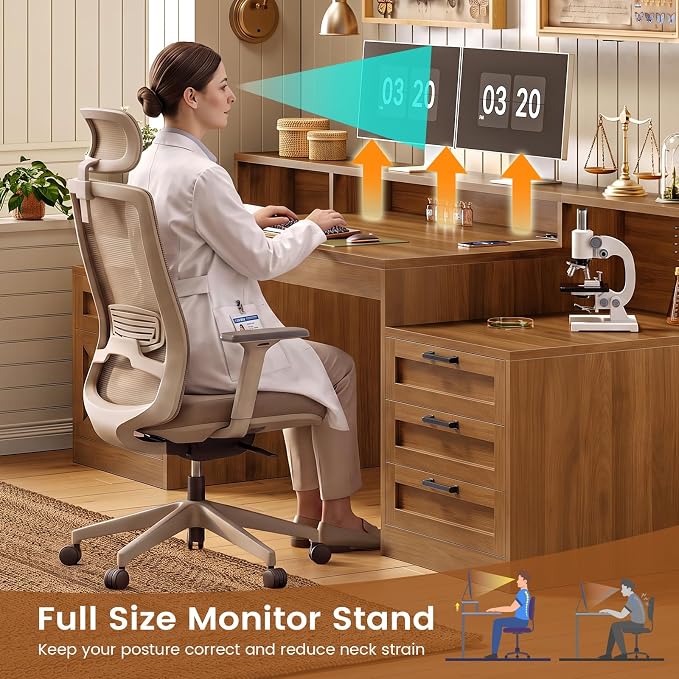 SEDETA 63" Farmhouse Computer Desk with 5 Drawers, Brown | Executive Office Desk with LED Lights & Monitor Stand, Wood Home Office Desk with 2 Printer Stand & Power Outlet