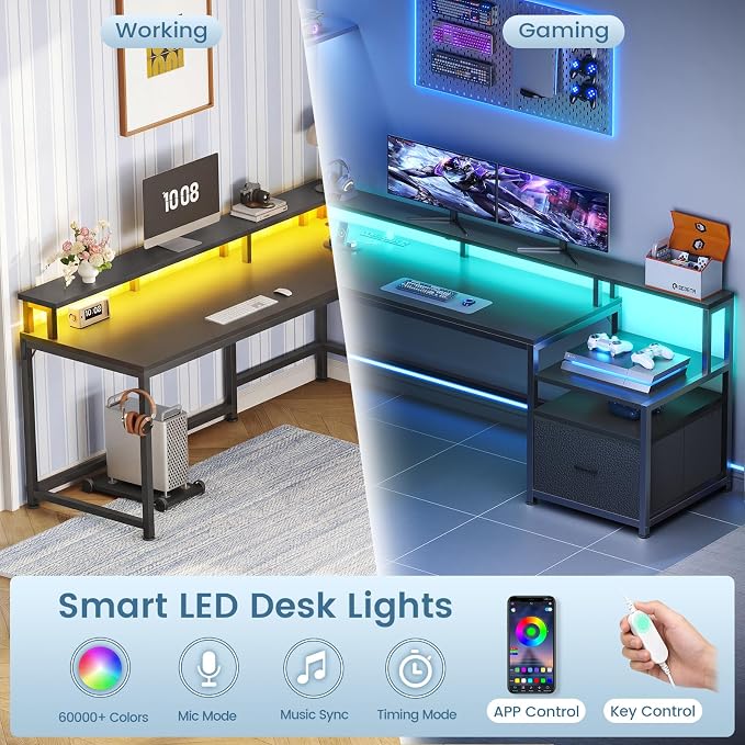 SEDETA 66" Reversible L Shaped Computer Desk with Power Outlet, File Drawer | Home Office Desk with Monitor Shelf, Storage Shelves, LED Lights for Corner Small Spaces, Gaming, Black