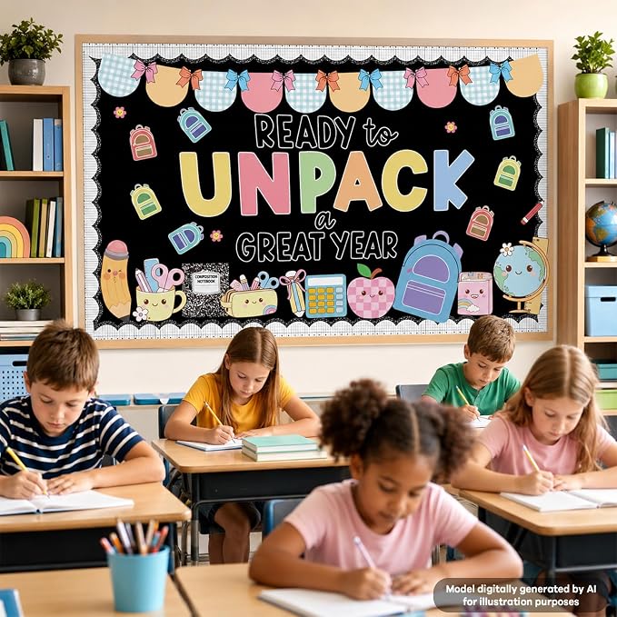 Welcome Back to School Bulletin Board Set Composition Notebook Inspirational Classroom Decoration Colorful Ready to Unpack a Great Year Paper Cutouts for School Office Home Chalkboard Wall Door Decor
