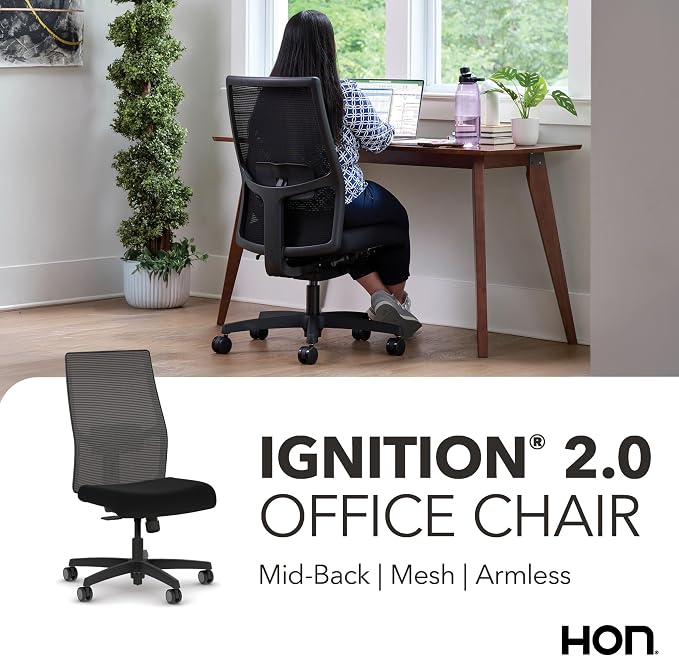 HON Ignition 2.0 Ergonomic Office Chair, Lumbar Support, Office Desk, Black | Armless ergonomic office desk chair with lumbar support, mesh task seating, office decor, rolling mobility for focused work