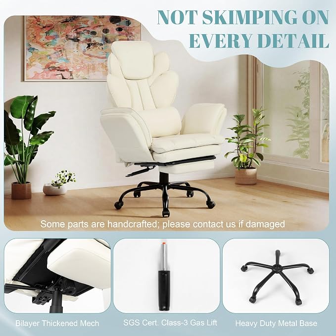 Flip Armrests Criss Cross Office Chair, Reclining Office Chair with Foot Rest, Adjustable Headrest, Massage Waist Pillow, Cross Legged Big and Tall Desk Chair Wide Seat Vanity Chair, White PU Leather