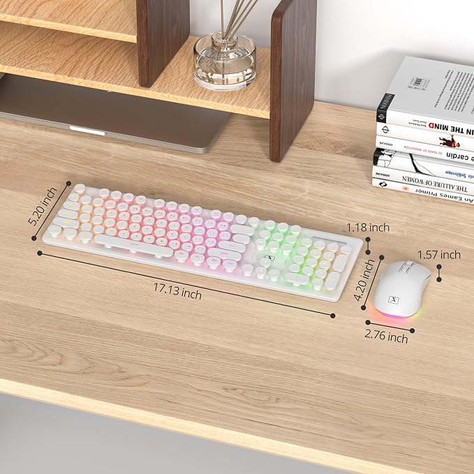 Backlit Wireless Keyboard and Mouse, 2.4GHz Light Up Typewriter Rechargeable Cordless Quiet Keyboard with USB Receiver for PC/Laptop (White)