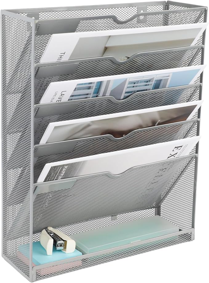 6 Tier Mesh Hanging Wall File Organizer, Desk Vertical Mail Paper Document Folder Holder Rack with Bottom Tray and Nametag Label for Office Home School, Gray