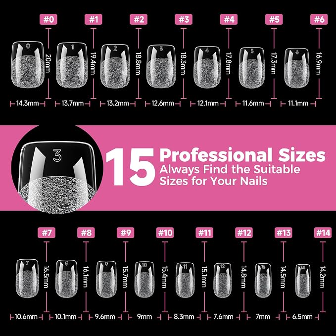 UNA GELLA Gel Nail Tips Square Short, 15 Sizes Short Square Press on Nails | Pre Etched 300pcs Soft Gel Fake Nails Full Cover for Nail Extension Home DIY Salon for Flat & Curved Nail Beds