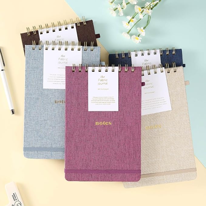 A5 Top Spiral Notebook, Fabric Hardcover College Ruled Journal | 100GSM Paper 160 Lined Pages, 5.7"x8.39" Steno Pads with Elastic Band & Pen Loop, for Work, School Note Taking (Purplish-red)