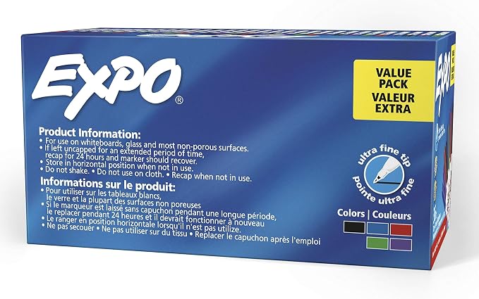 EXPO Dry Erase Markers,Low Odor Ink,Assorted Colors,Ultra Fine Tip,- For Whiteboards,Home,Office Essentials,School,Teacher Supplies,36 Count (Pack of 6)