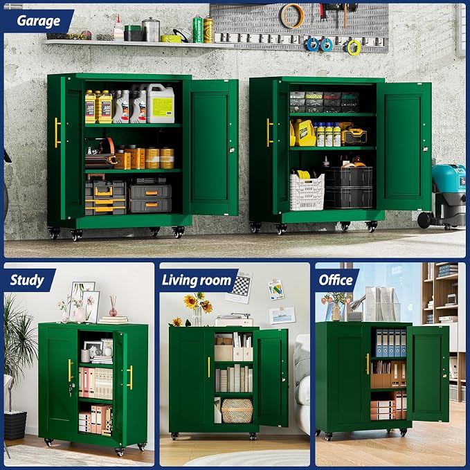 PAOFIN Metal Storage Cabinet-35” Tall Steel File Cabinets with Lockable Doors and Adjustable Shelves, Steel Tool Cabinet with Wheel for Home, School, Office, Garage Green