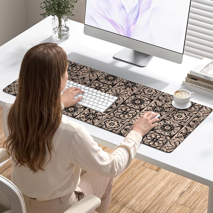 Desk Mat, Large Gaming Mouse Pad, 32" x 12", Boho Moroccan Tile | Waterproof Desk Pad, Non-Slip Rubber Base, Desktop Mat with Stitched Edges, Desk Accessories for Office, Work, Home