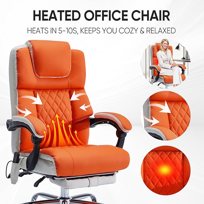 Massage Office Chair 6 Points 500lbs with Footrest,Reclining Desk Chair with Vibration Heat,Executive Big and Tall Chairs for Heavy People,Adjustable Height Ergonomic Orange