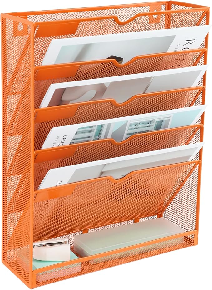 6 Tier Mesh Hanging Wall File Organizer, Desk Vertical Mail Paper Document Folder Holder Rack with Bottom Tray and Nametag Label for Office Home School, Orange