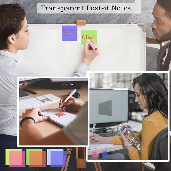 YOUDEFUL 800Pcs Transparent Sticky Note, 3"x3" Clear Sticky Note,Colorful | Waterproof Translucent Sticky Note for Books Annotation, Back to School Sticky Notes for Bible Study, School, Office